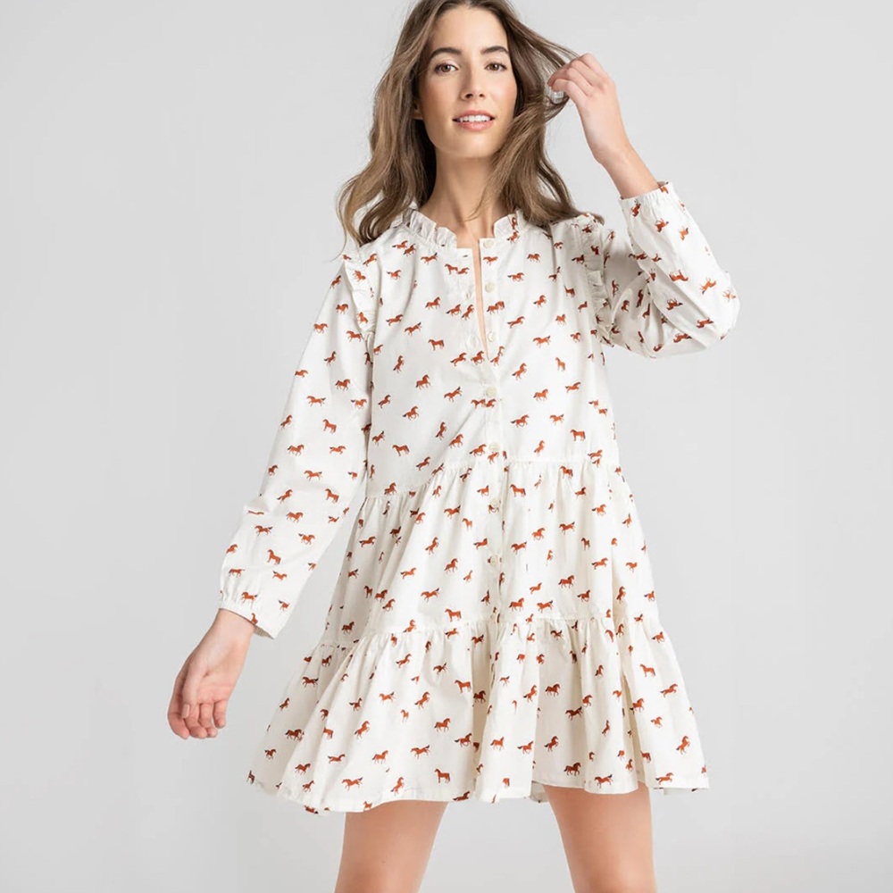 Pink Chicken White Dress with Red Horse Pattern